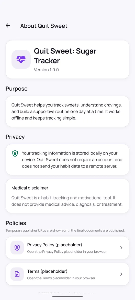 Quit Sweet about screen explaining that tracking information is stored locally on the device, that no account is required, and that the app is a habit-tracking tool rather than medical advice.