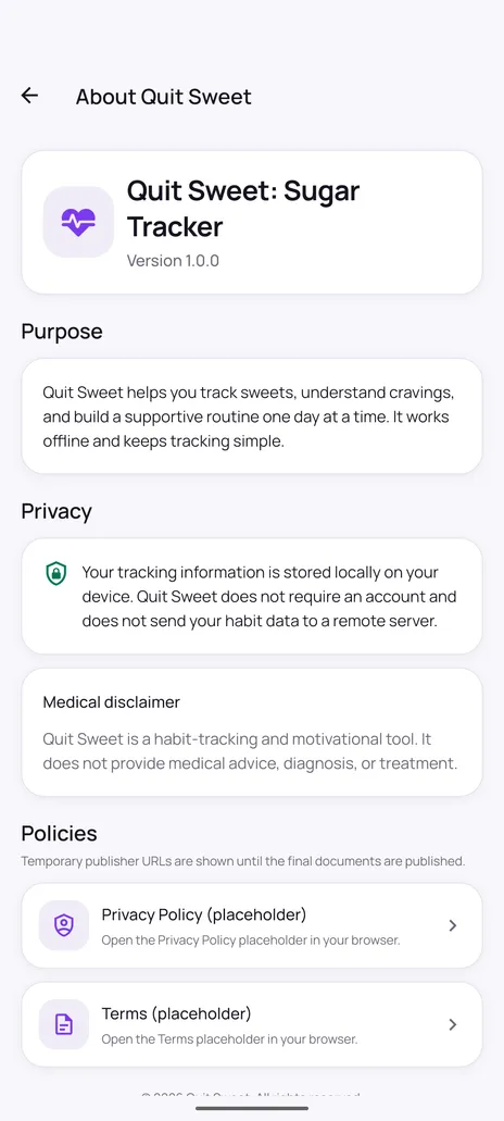 Quit Sweet about screen explaining that tracking information is stored locally on the device, that no account is required, and that the app is a habit-tracking tool rather than medical advice.