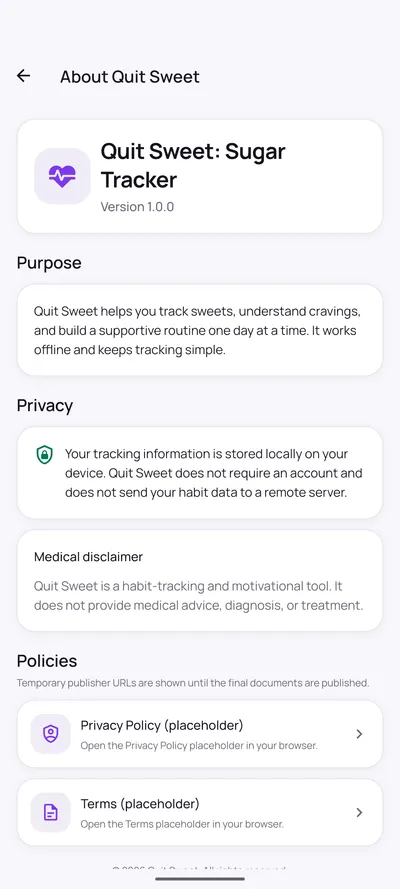Quit Sweet about screen explaining that tracking information is stored locally on the device, that no account is required, and that the app is a habit-tracking tool rather than medical advice.