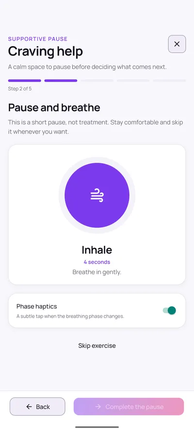 Second step of the Quit Sweet craving help flow showing a breathing circle with an inhale prompt for four seconds and an option to skip the exercise.