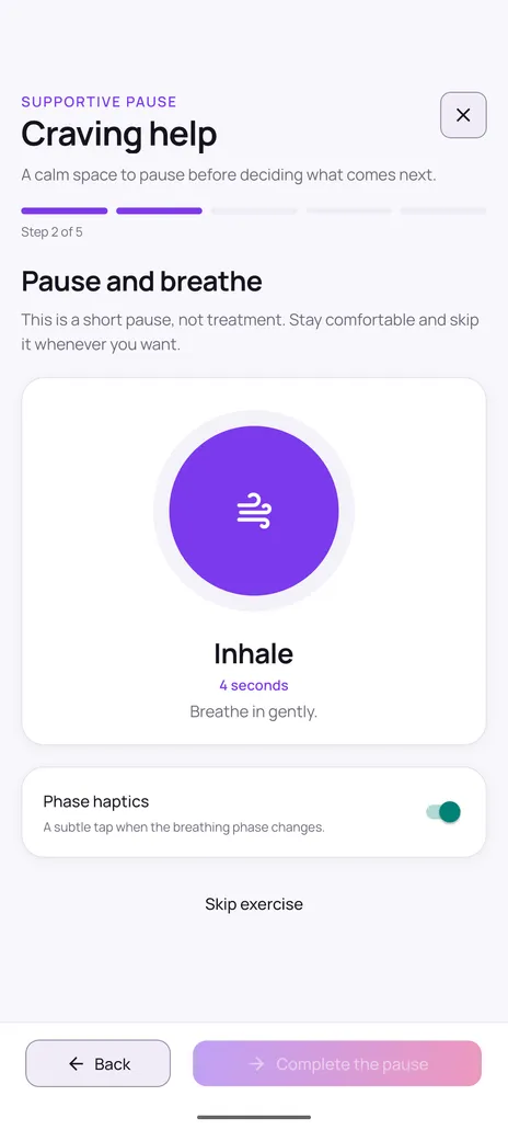 Second step of the Quit Sweet craving help flow showing a breathing circle with an inhale prompt for four seconds and an option to skip the exercise.
