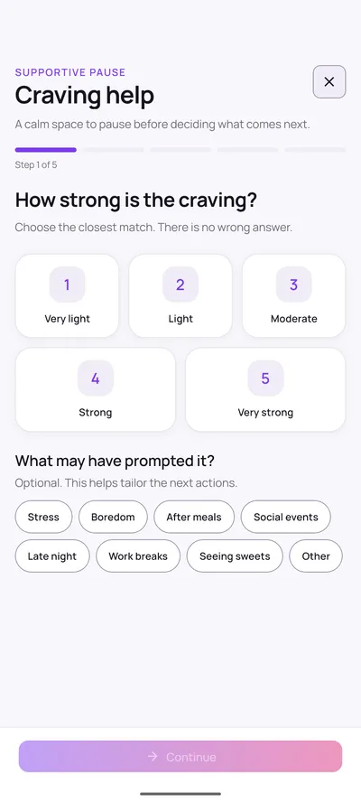 First step of the Quit Sweet craving help flow asking how strong the craving is, with intensity options from very light to very strong and optional trigger chips.