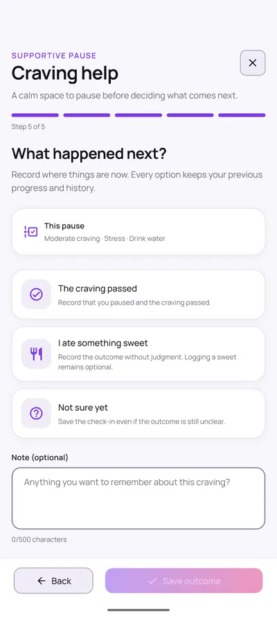 Final step of the Quit Sweet craving help flow recording what happened next, with options for the craving passed, ate something sweet, or not sure yet.
