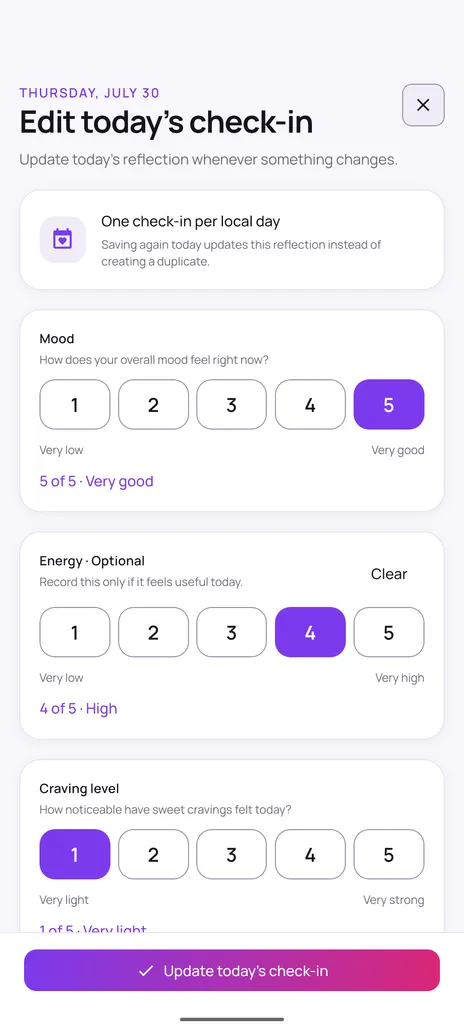 Quit Sweet daily check-in screen with one-to-five rating scales for mood, optional energy, and craving level.