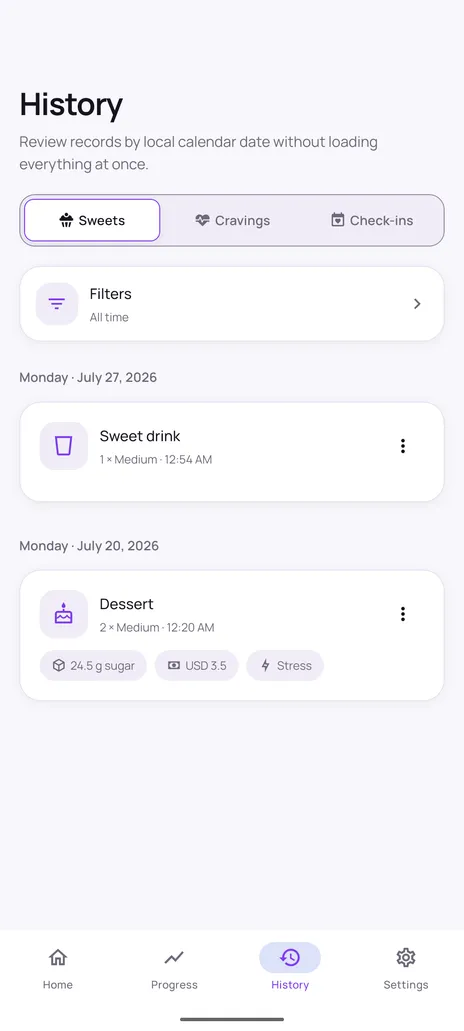 Quit Sweet history screen listing logged sweets grouped by date, with category, serving size, time and optional sugar, cost and trigger details.