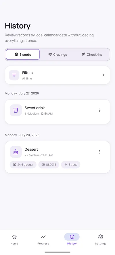 Quit Sweet history screen listing logged sweets grouped by date, with category, serving size, time and optional sugar, cost and trigger details.