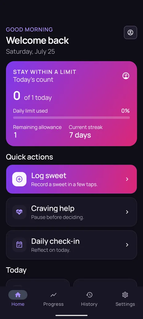 Quit Sweet home screen in dark theme showing Stay within a limit mode with zero of one sweet used today, a remaining allowance of one, and a seven day streak.
