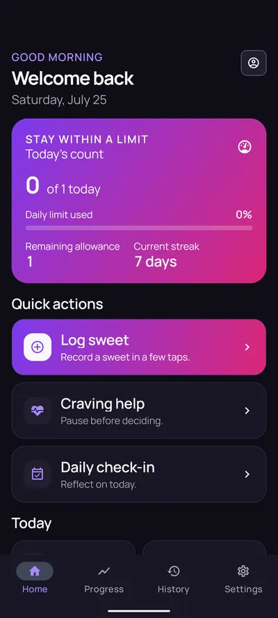 Quit Sweet home screen in dark theme showing Stay within a limit mode with zero of one sweet used today, a remaining allowance of one, and a seven day streak.
