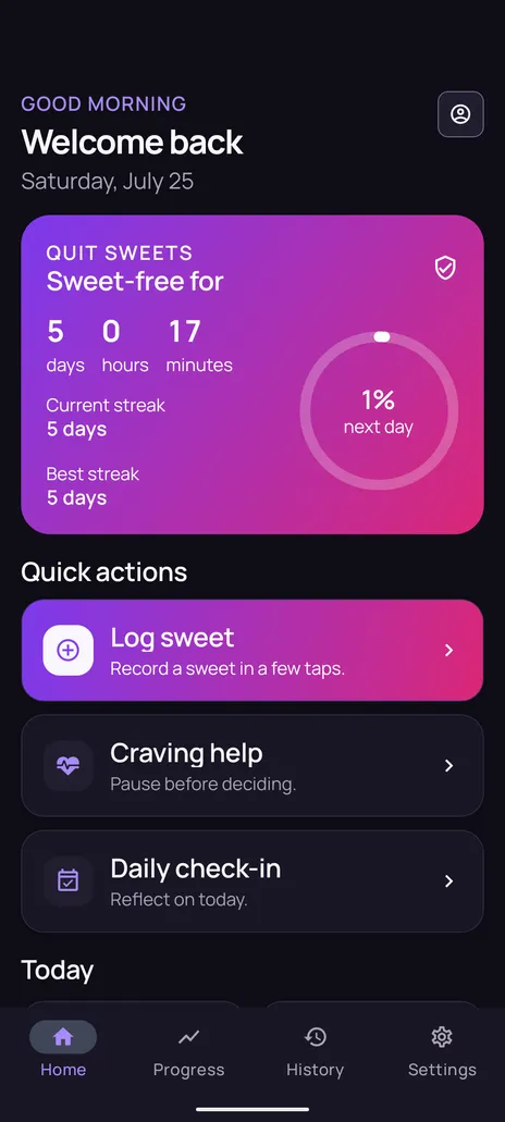 Quit Sweet home screen in dark theme showing Quit sweets mode with a sweet-free timer reading five days, zero hours and seventeen minutes, plus current and best streak of five days.