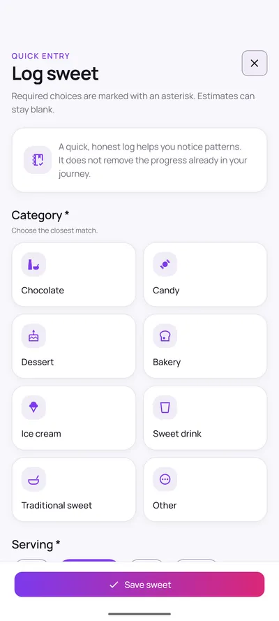 Quit Sweet log sweet screen with eight category tiles: chocolate, candy, dessert, bakery, ice cream, sweet drink, traditional sweet and other.
