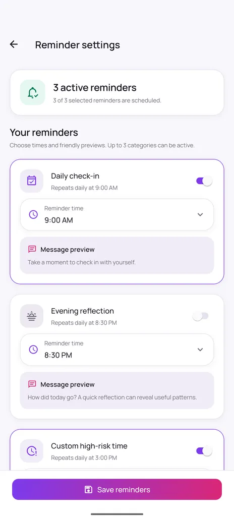 Quit Sweet reminder settings screen with three active local reminders, editable times and preview text for each reminder message.