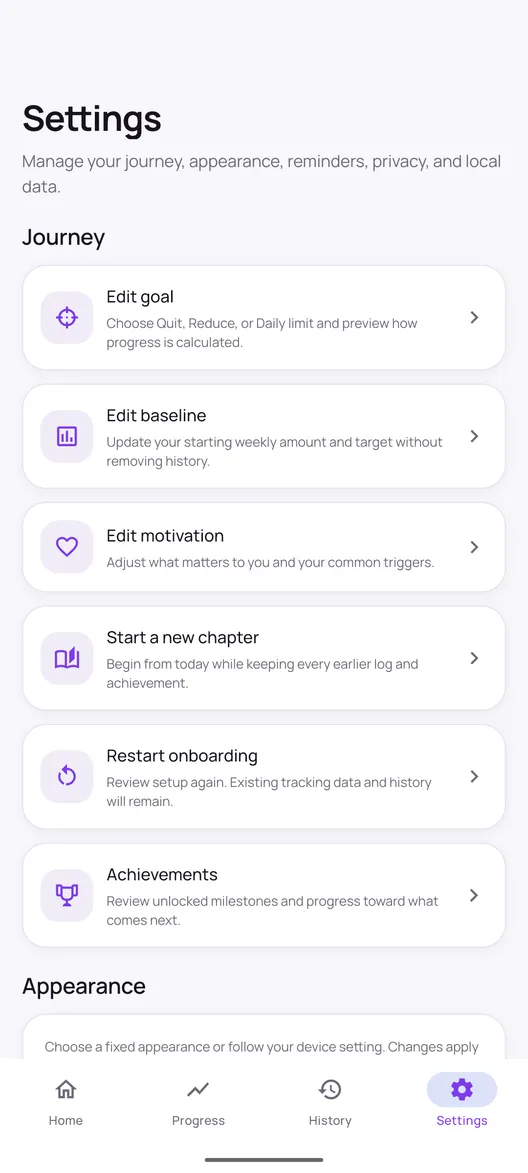 Quit Sweet settings screen with journey options to edit goal, edit baseline, edit motivation, start a new chapter, restart onboarding and view achievements.